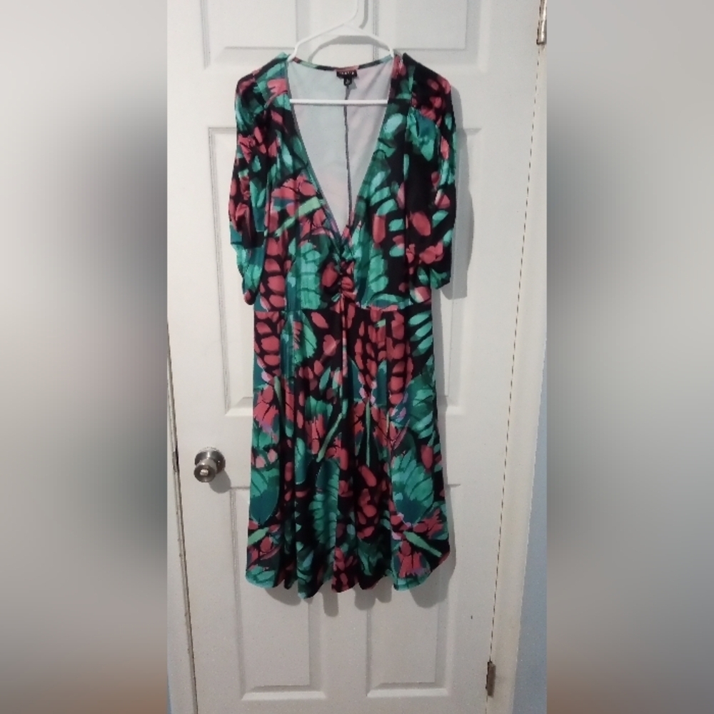 Torrid Pink and Green Wrap Midi Dress with Plunge Neckline